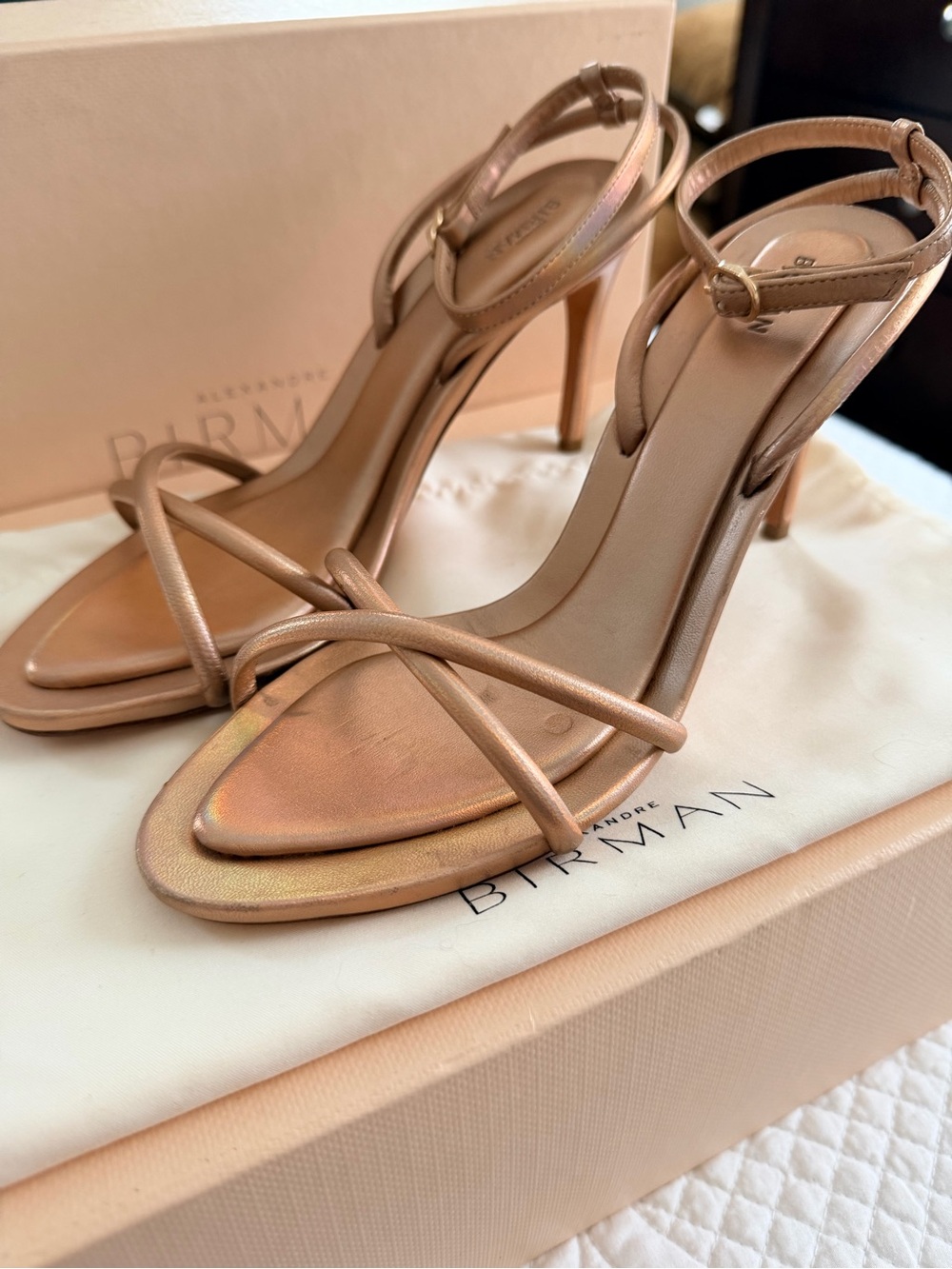 Alexandre Birman Rose Gold/Bronze Iridescent Strappy Stiletto Sandals